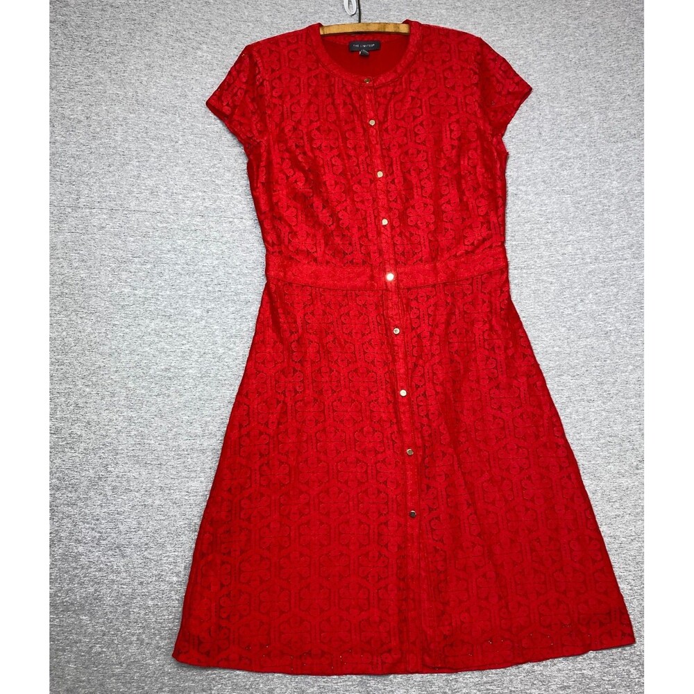 The Limited Dress Womens 4 Red Lace Floral Midi Fit Flare Snap Front Special